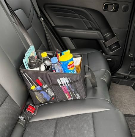 Car Seat Organizer - Passenger Seat Organizer, Collapsible Small Car Seat Storage Organizer for Console Front/Back, Automotive Backseat Organizer with Belt 4 Cup Holders for Kids Accessories