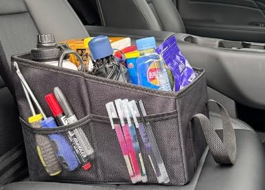 Car Seat Organizer - Passenger Seat Organizer, Collapsible Small Car Seat Storage Organizer for Console Front/Back, Automotive Backseat Organizer with Belt 4 Cup Holders for Kids Accessories