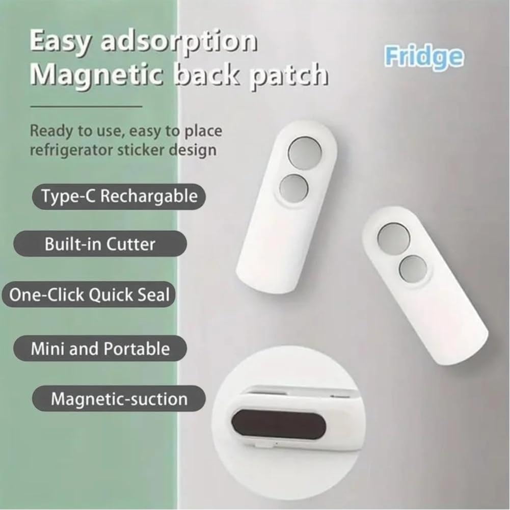 Mini Snack Bag Sealing Machine 2-in-1 Rechargeable Magnetic Heat Sealer & Cutter Portable Food Storage Solution White & Blue USB Type-C Charging Eco-Friendly Compact Design