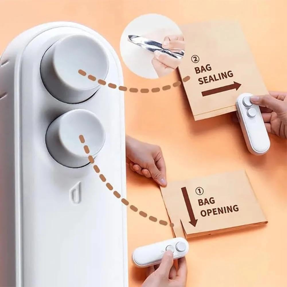Mini Snack Bag Sealing Machine 2-in-1 Rechargeable Magnetic Heat Sealer & Cutter Portable Food Storage Solution White & Blue USB Type-C Charging Eco-Friendly Compact Design