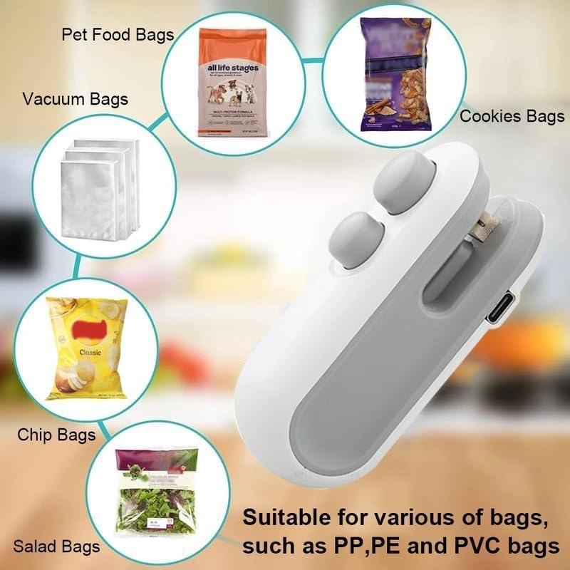 Mini Snack Bag Sealing Machine 2-in-1 Rechargeable Magnetic Heat Sealer & Cutter Portable Food Storage Solution White & Blue USB Type-C Charging Eco-Friendly Compact Design