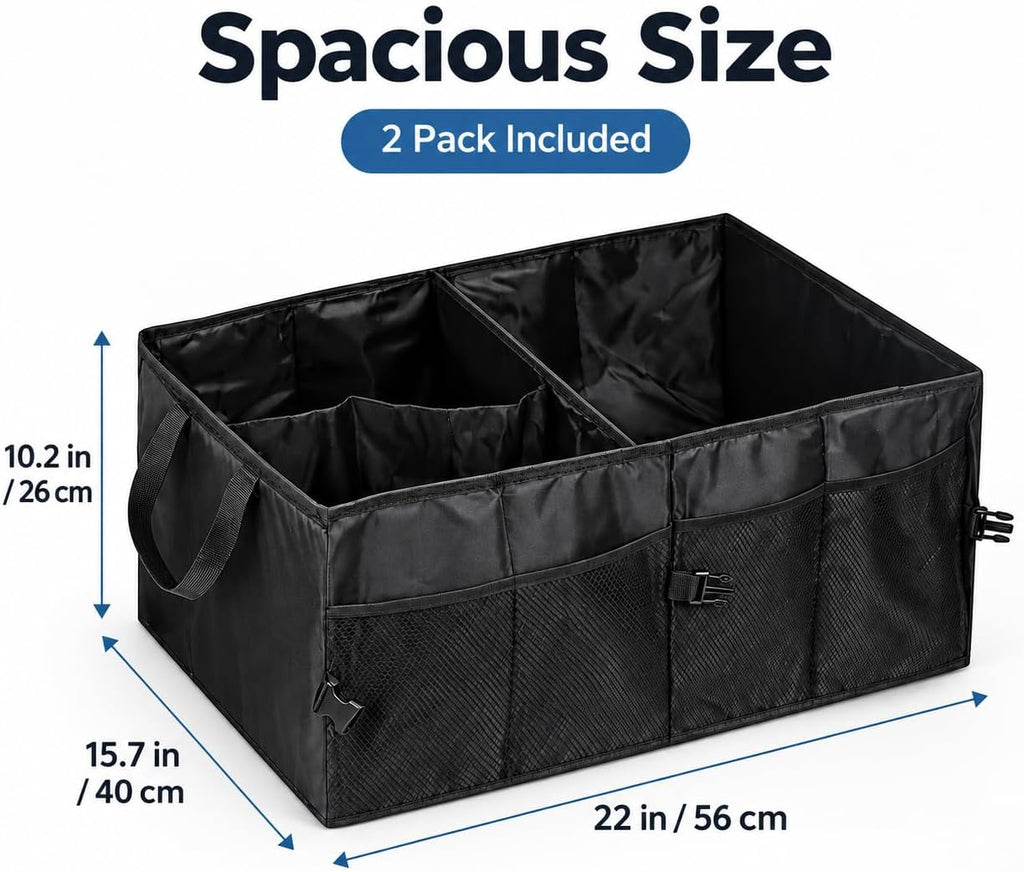 2 Pack Collapsible Car Trunk Organizers with Adjustable Compartments