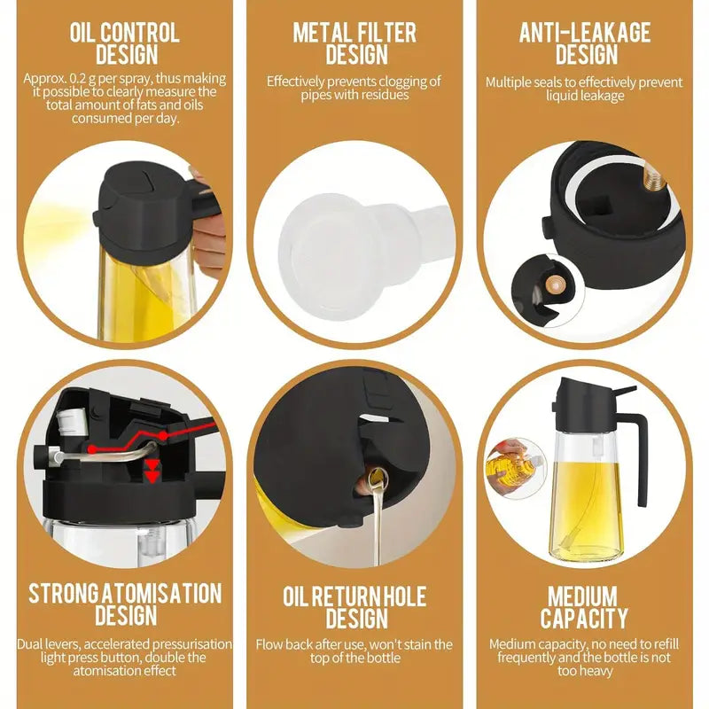 16oz Oil Dispenser Bottle for Kitchen, 2 in 1 Olive Oil Dispenser and Oil Sprayer, 470ml Olive Oil Bottle, Oil Sprayer for Cooking, Kitchen, Salad, Barbecue, Black