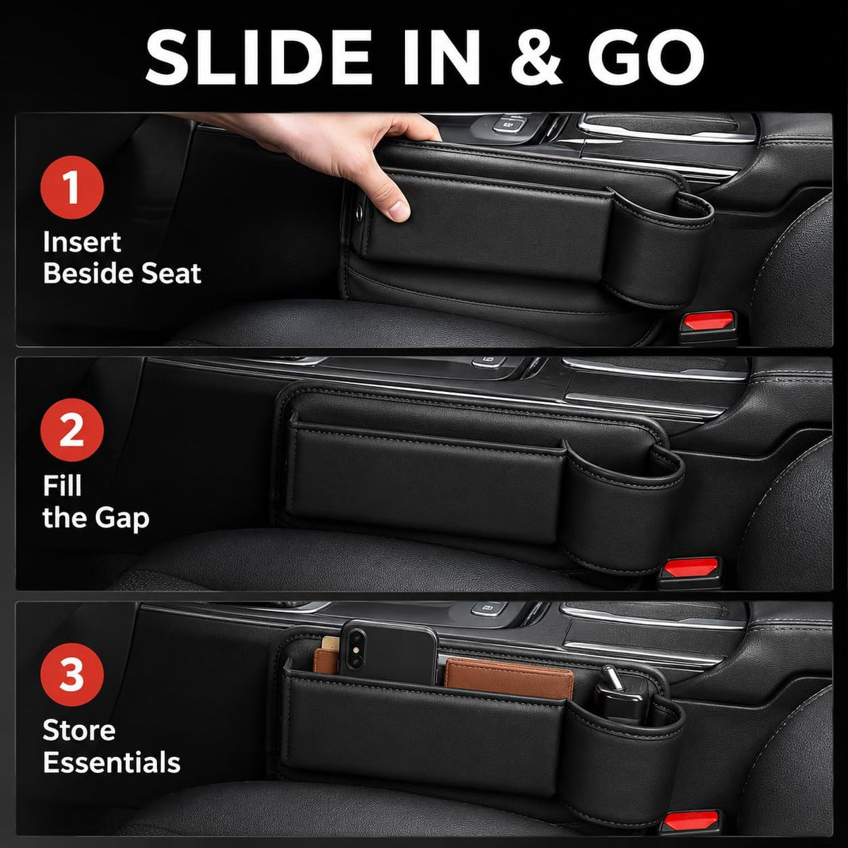 2 Pack Car Seat Gap Organizer Bags, Black