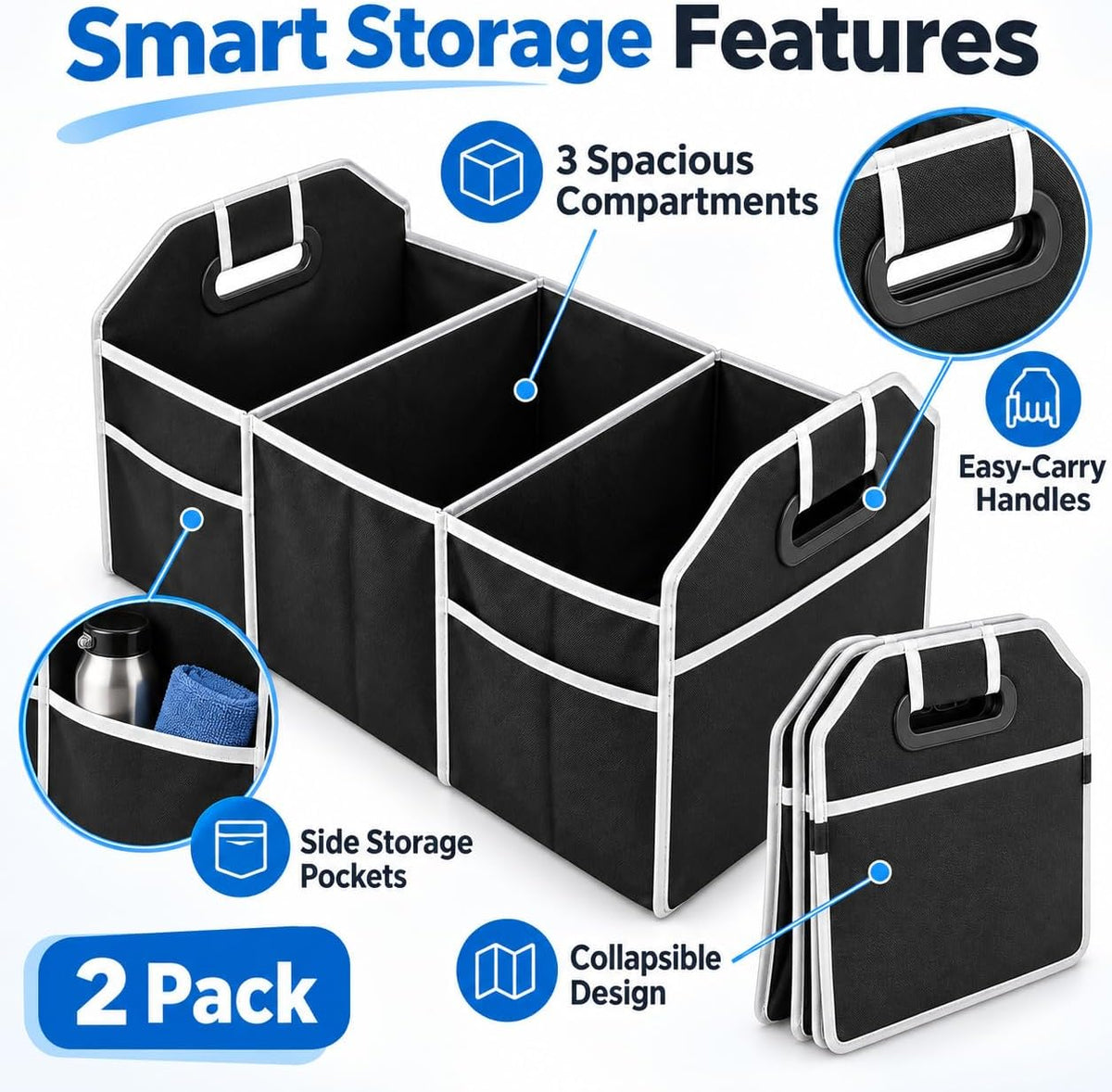 2 Pack Collapsible Car Organizer Storage Boxes, Black