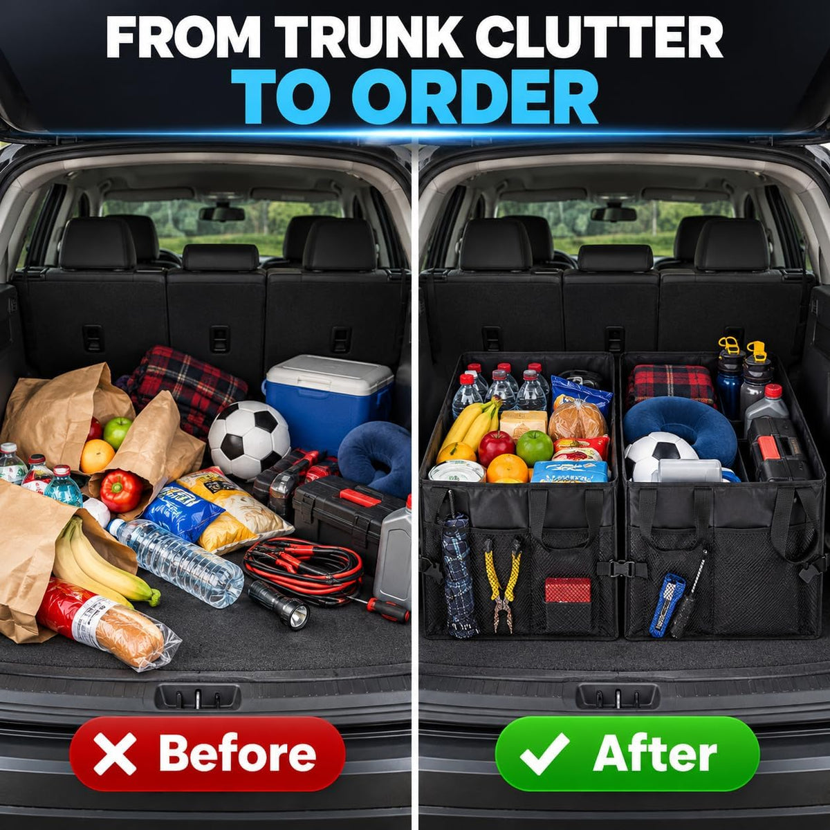 2 Pack Collapsible Car Trunk Organizers with Adjustable Compartments