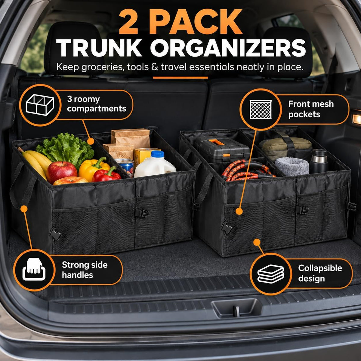 Single Collapsible Car Trunk Organizer with Adjustable Compartments