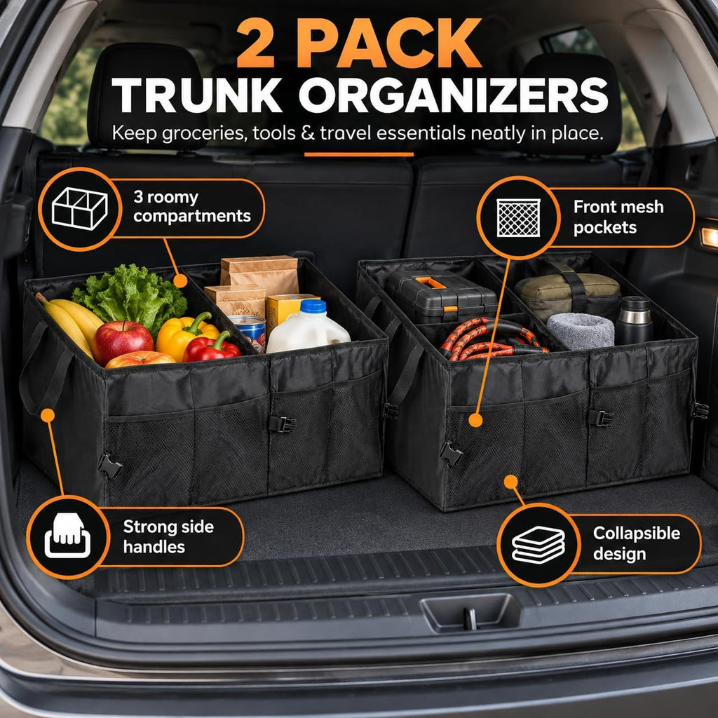 2 Pack Collapsible Car Trunk Organizers with Adjustable Compartments