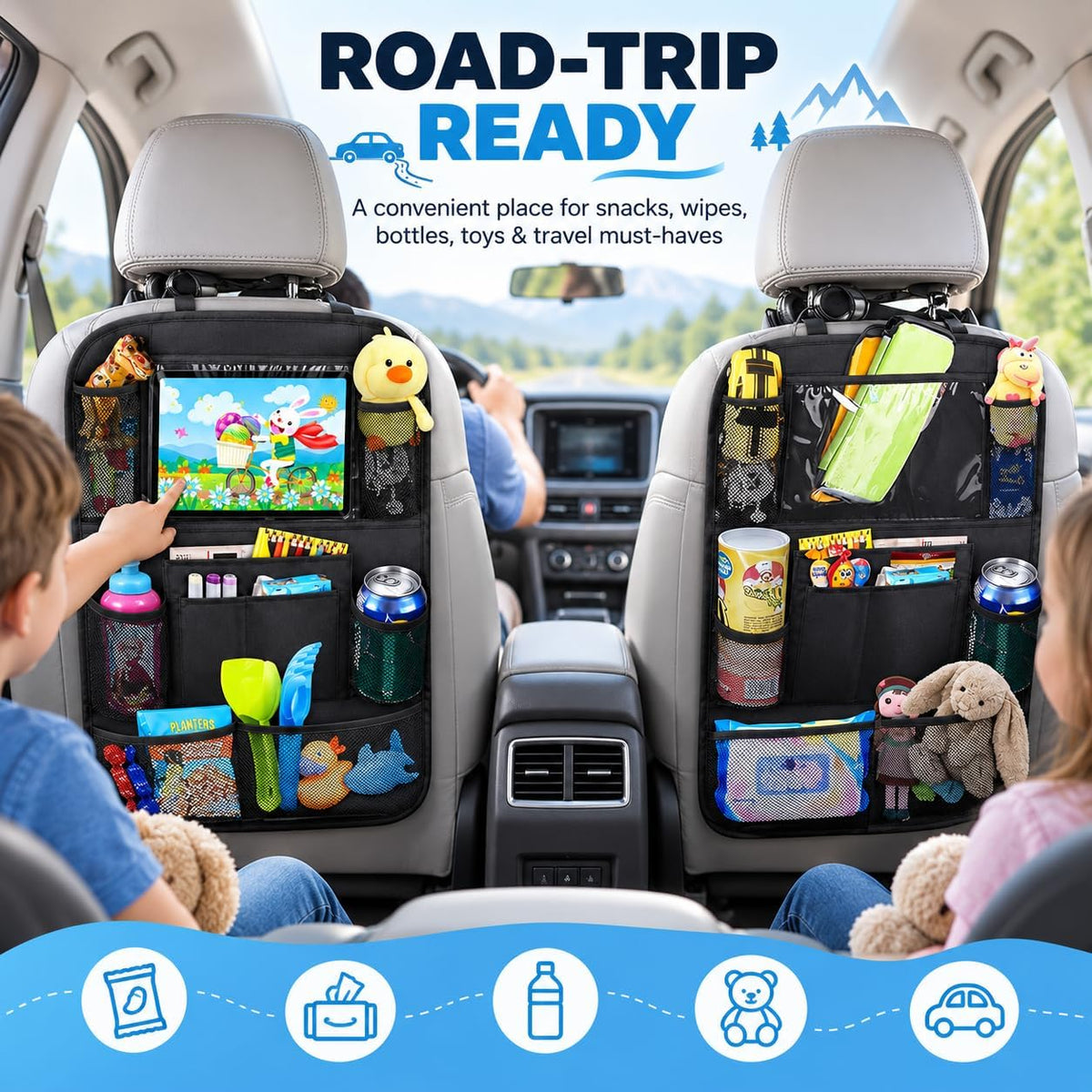 2 Pack Car Seat Protector & Backseat Organizer, Black