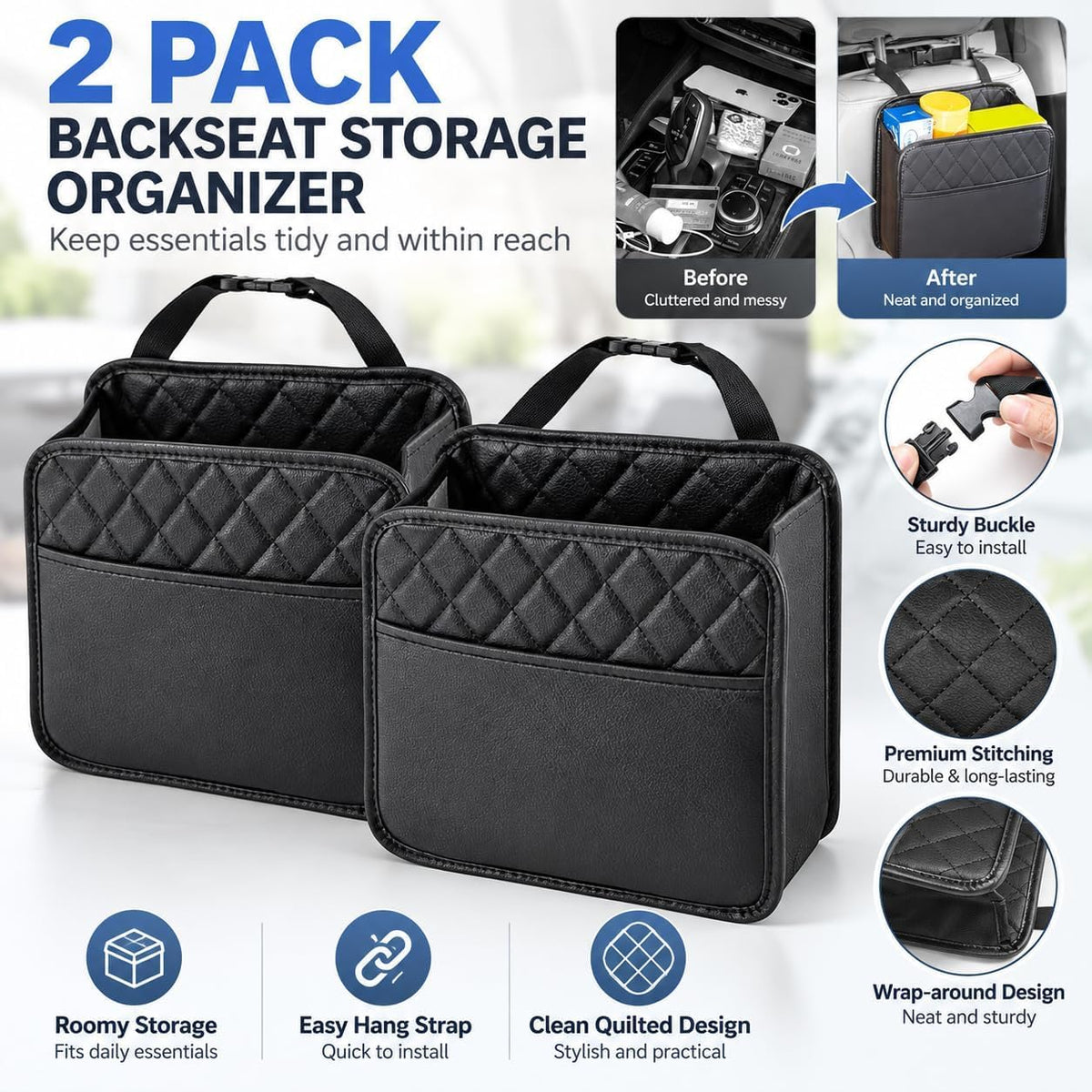 2 Pack Hanging Car Trash Bags & Backseat Organizers, Black