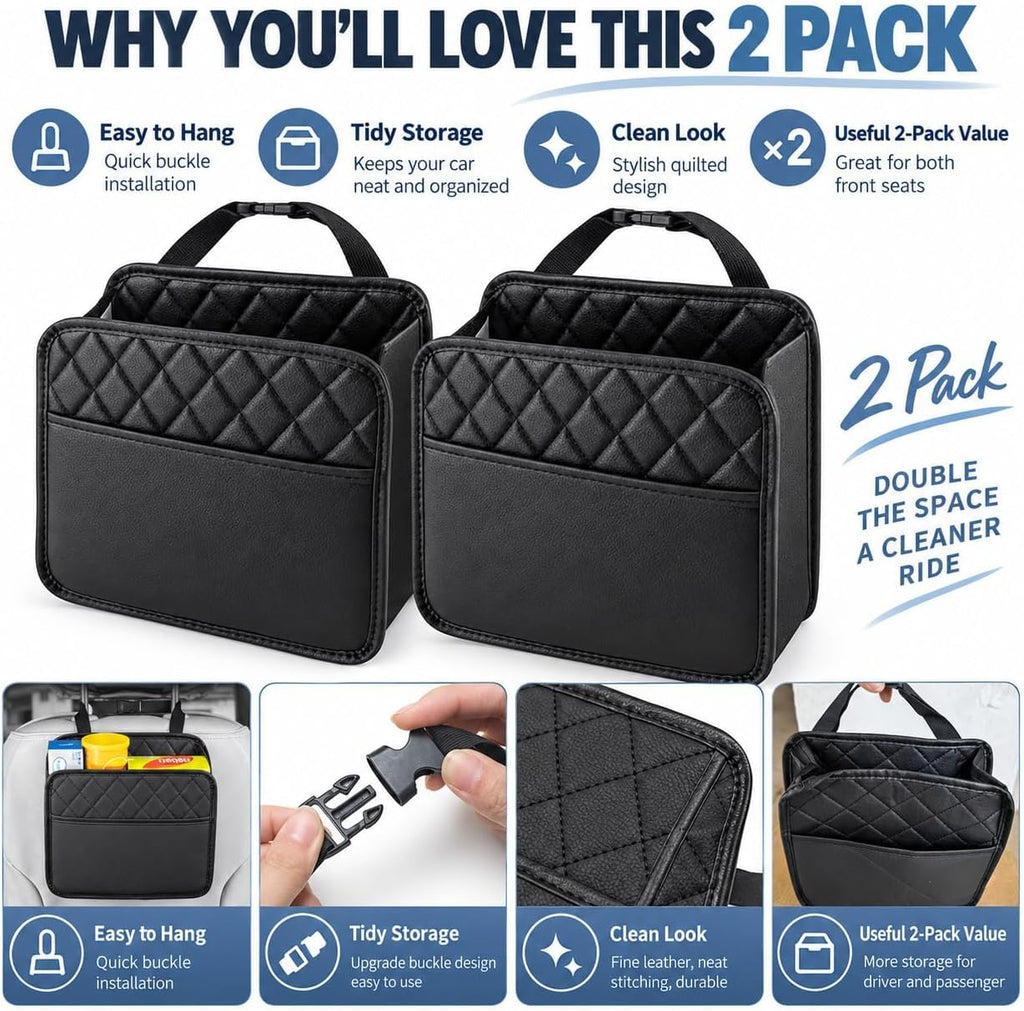 2 Pack Hanging Car Trash Bags & Backseat Organizers, Black