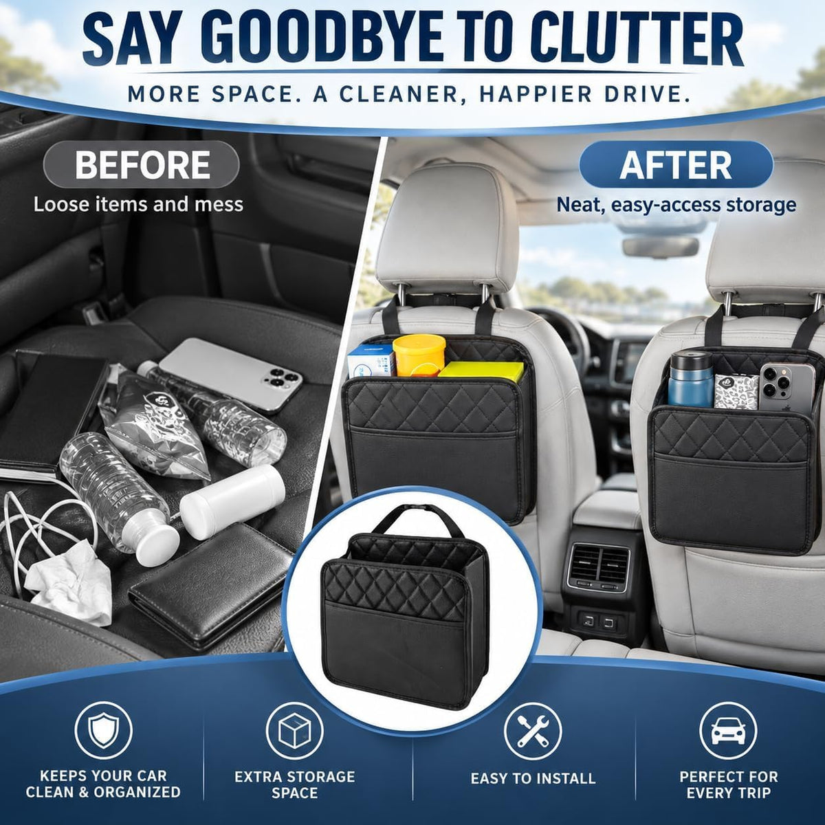 2 Pack Hanging Car Trash Bags & Backseat Organizers, Black