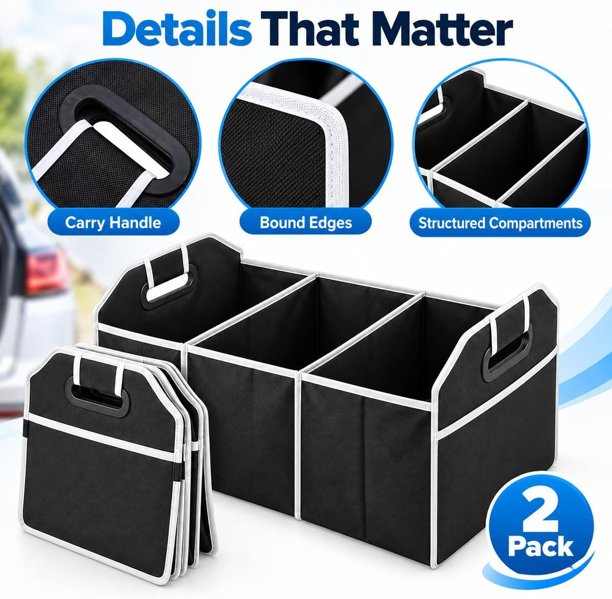 2 Pack Collapsible Car Organizer Storage Boxes, Black