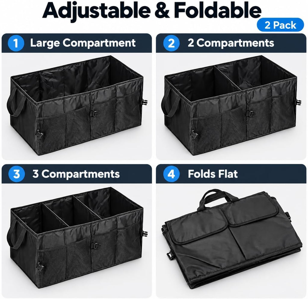 2 Pack Collapsible Car Trunk Organizers with Adjustable Compartments