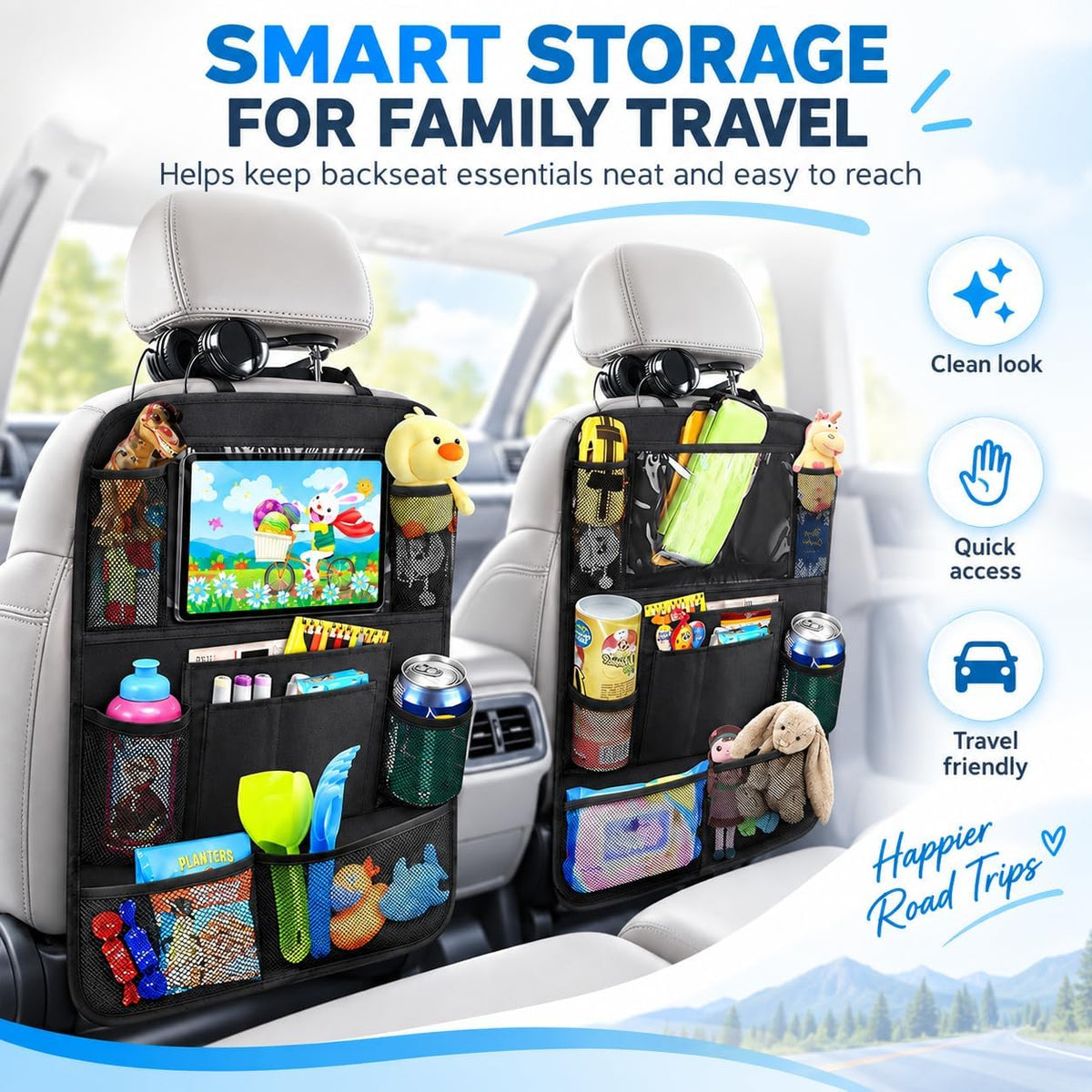 2 Pack Car Seat Protector & Backseat Organizer, Black