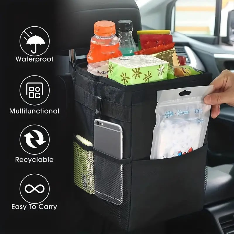 Car Trash Can with Lid - Car Trash Bag Hanging with Storage Pockets Collapsible and Portable Garbage Bin, Leak-Proof Car Organizer, 1.82 Gallons Multipurpose Trash Bin for Car