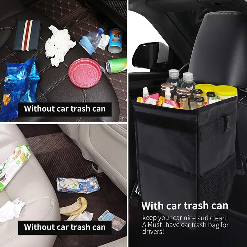 Car Trash Can with Lid - Car Trash Bag Hanging with Storage Pockets Collapsible and Portable Garbage Bin, Leak-Proof Car Organizer, 1.82 Gallons Multipurpose Trash Bin for Car