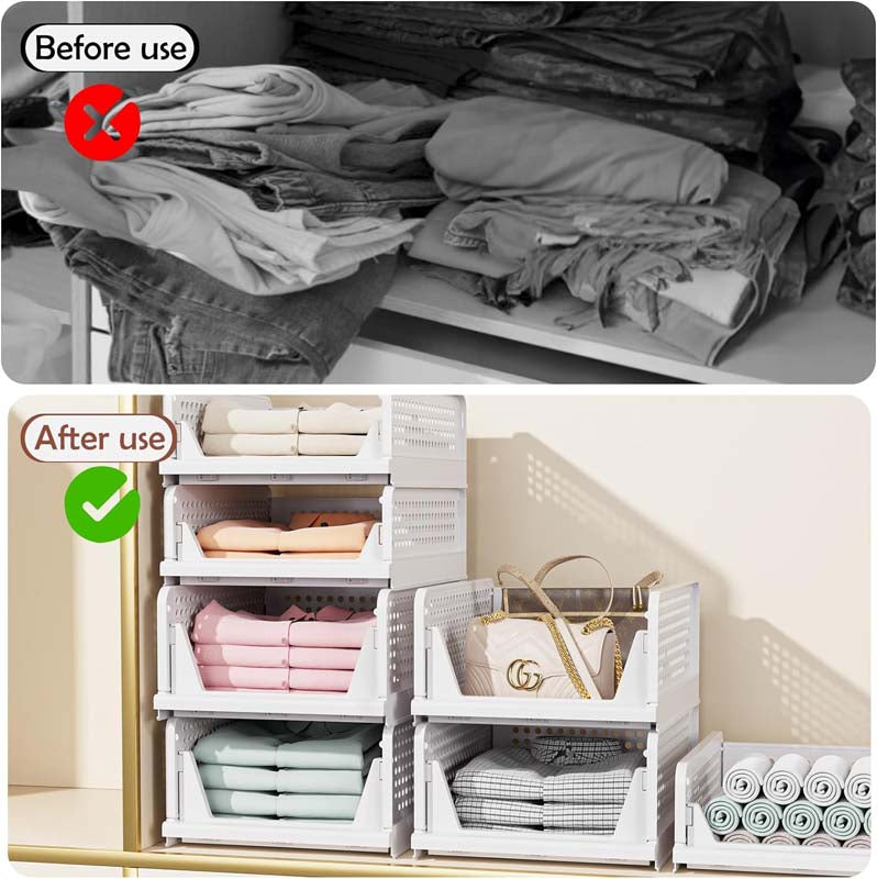 Stackable Closet Storage Baskets, Foldable Plastic Organizer Bins, Open-Front, White, 5 Pack