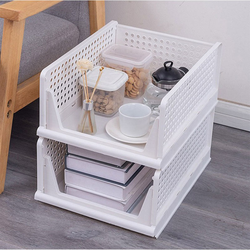 Stackable Closet Storage Baskets, Foldable Plastic Organizer Bins, Open-Front, White, 5 Pack