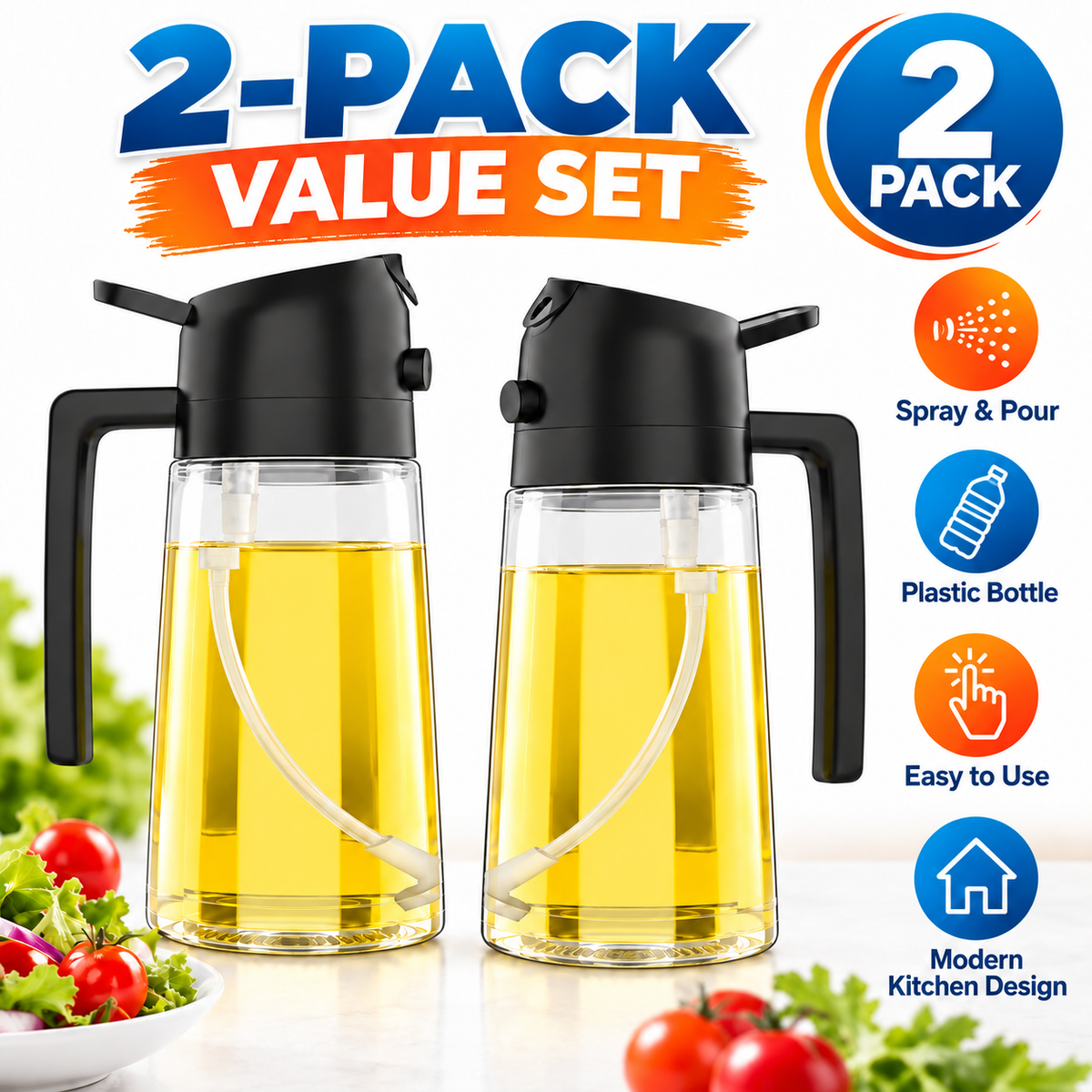 2 pack 16oz Oil Dispenser Bottle for Kitchen, 2 in 1 Olive Oil Dispenser and Oil Sprayer, 470ml Olive Oil Bottle, Oil Sprayer for Cooking, Kitchen, Salad, Barbecue, Black