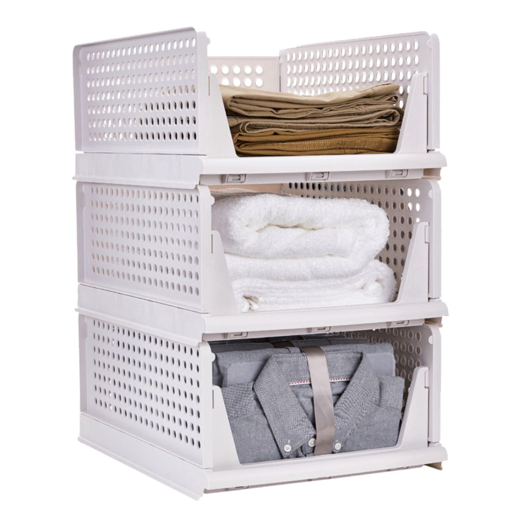 Stackable Closet Storage Baskets, Foldable Plastic Organizer Bins, Open-Front, White, 5 Pack
