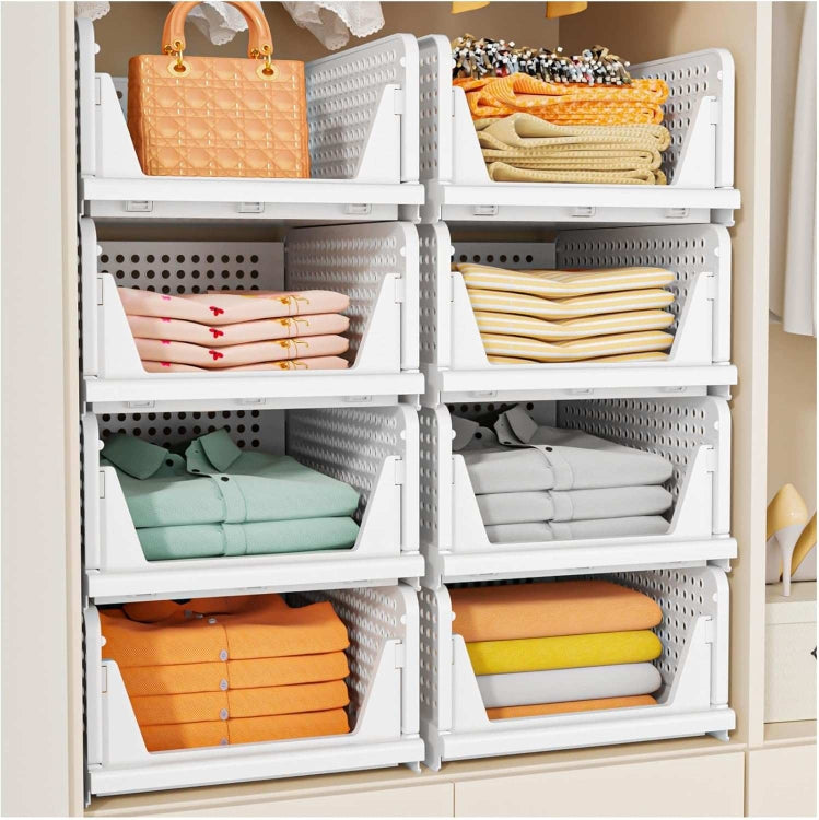 Stackable Closet Storage Baskets, Foldable Plastic Organizer Bins, Open-Front, White, 5 Pack